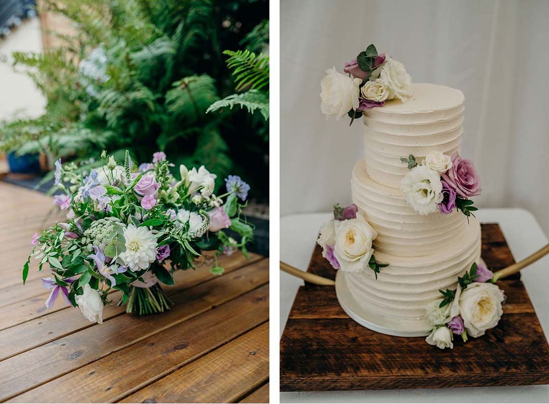 Wedding bouquet and cake decorated with matching flowers