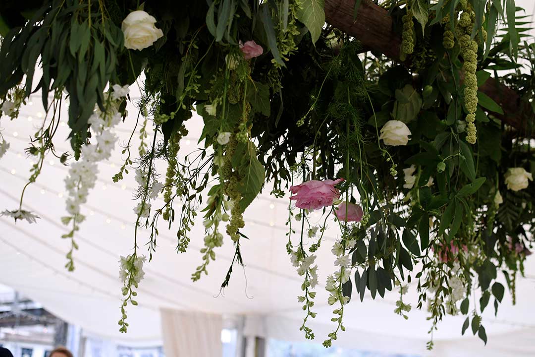 Suspended pink and white wedding flowers