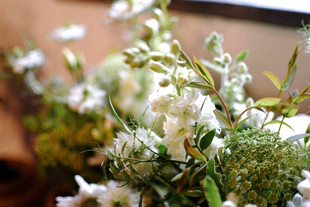 Close up of white wedding flowers